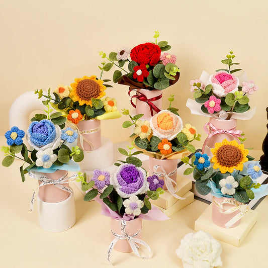 Handmade Crochet Knitted Flower Bouquet,Rose & Sunflower Bouquet - Home Decor & Gift for Woman Wife Mom