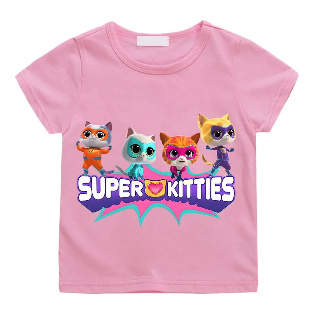 SuperKitties Cartoon Printed Summer Top – 100% Pure Cotton T-Shirt | Short Sleeves | Ages 2–12 Pink