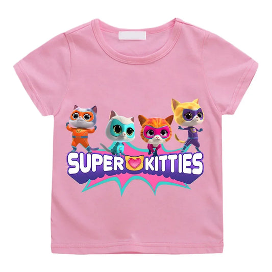 SuperKitties Cartoon Printed Summer Top – 100% Pure Cotton T-Shirt | Short Sleeves | Ages 2–12 Pink