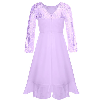 Girls Chiffon Long Sleeve High Waist Mesh Embroidery Dress (Age 8-16 YRS)