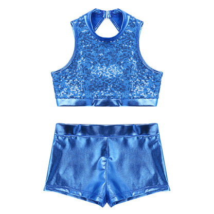 Girls Dance Costume Sequin Crop Top & Shorts Set (Age 6-12 YRS)