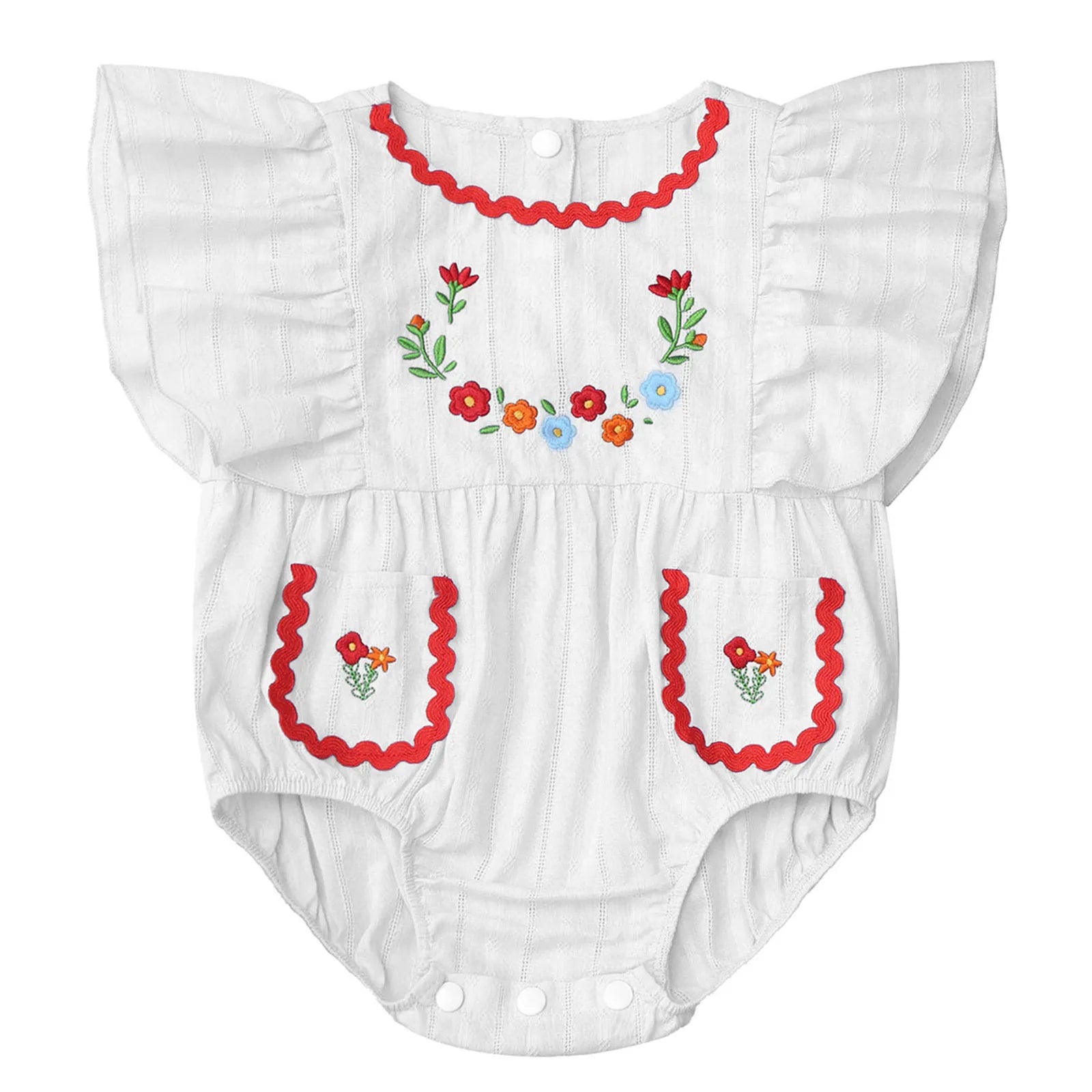 Baby Girls Mexican Embroidered Ruffled Sleeves Romper (Age Newborn-24M) Ivory