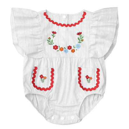 Baby Girls Mexican Embroidered Ruffled Sleeves Romper (Age Newborn-24M) Ivory