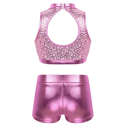 Girls Dance Costume Sequin Crop Top & Shorts Set (Age 6-12 YRS)