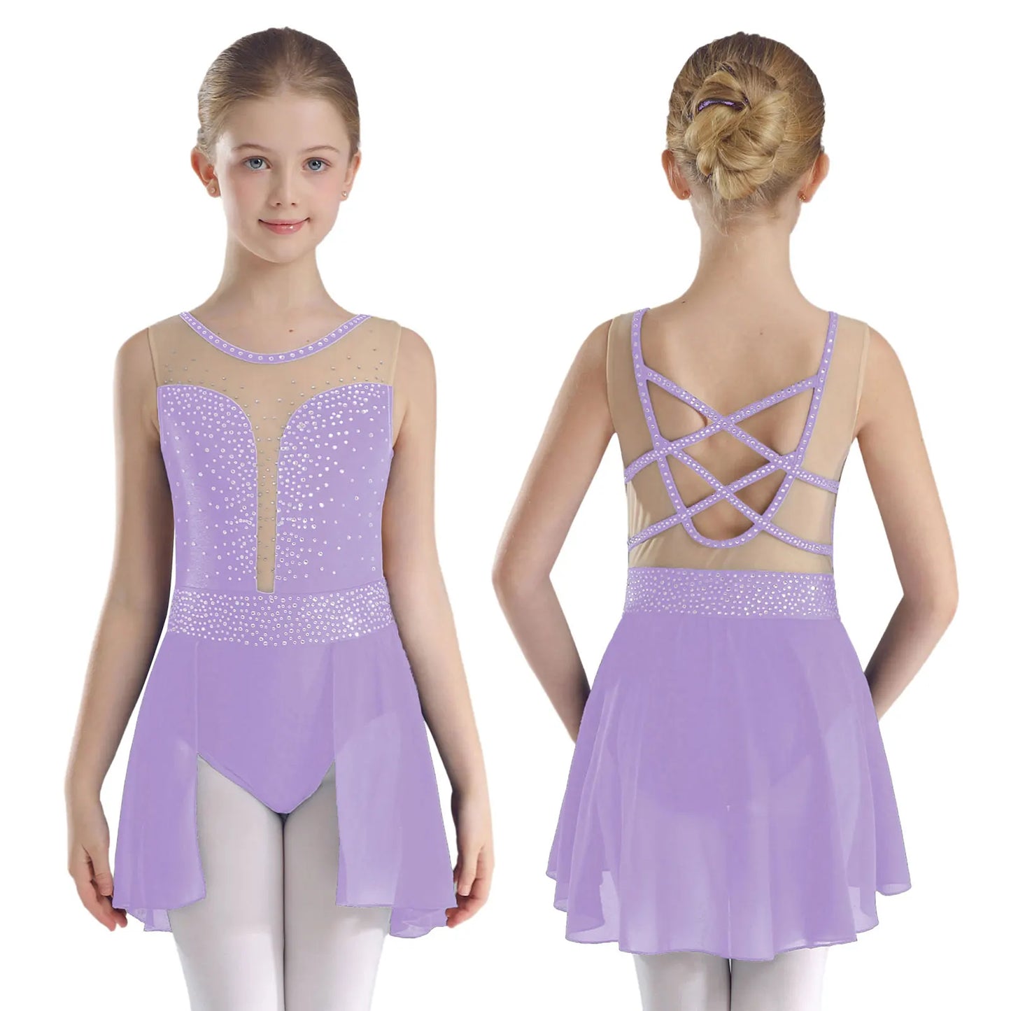 Rhinestone Gymnastics Figure Skating Dress for Teen Girls Sleeveless Sheer Mesh Tutu Ballet Leotard Lyrical Performance Costume Light Purple