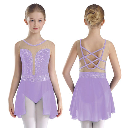 Rhinestone Gymnastics Figure Skating Dress for Teen Girls Sleeveless Sheer Mesh Tutu Ballet Leotard Lyrical Performance Costume Light Purple