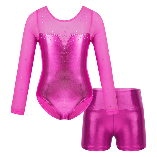 Girls Rhinestone Metallic Dance Bodysuit & Shorts Set (Age 4-12 YRS)