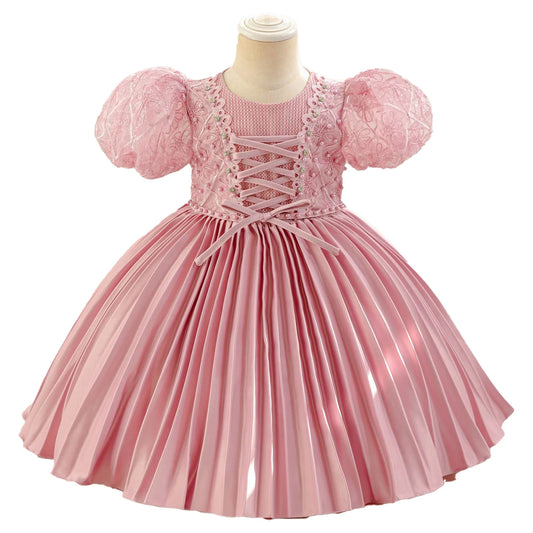 Baby Girls Princess Puff Sleeves Satin Faux Pearls Pleated Tulle Dress (9M-5YRS) Brown