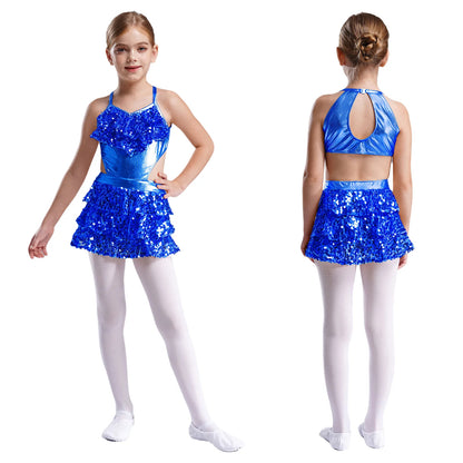 Girls Sequin Dance Sleeveless Cutout Tiered Ruffle Metallic Leotard Dress (Age 6-16 YRS) Blue