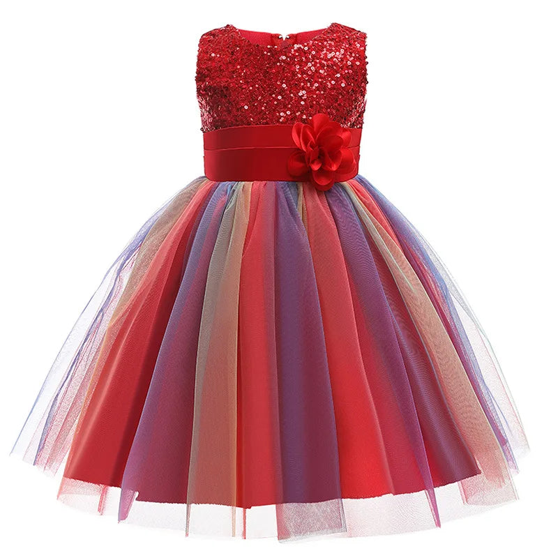 Girls Sequin Rainbow Tutu Tulle Dress (Age 3Y-10Y) Red