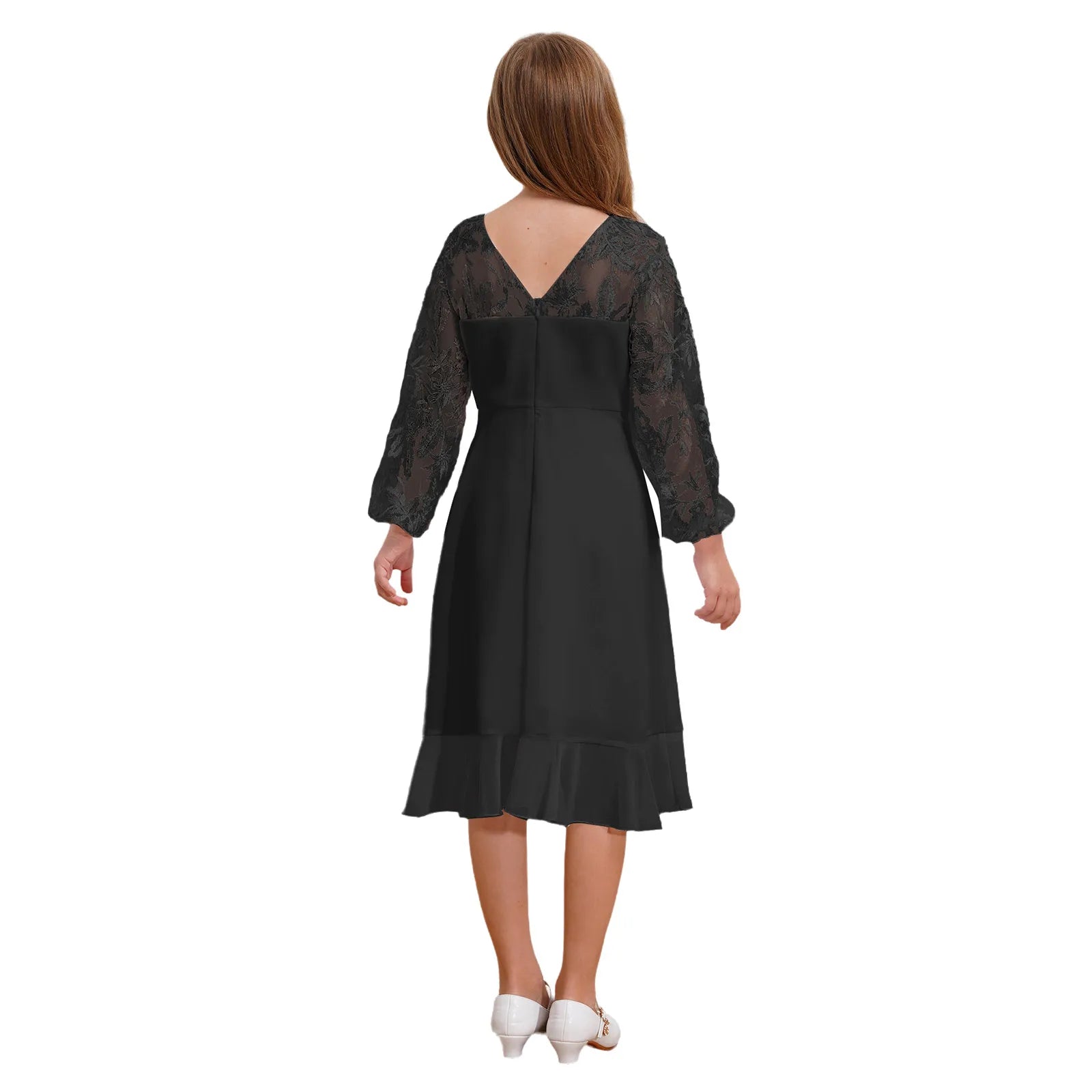 Girls Chiffon Long Sleeve High Waist Mesh Embroidery Dress (Age 8-16 YRS)