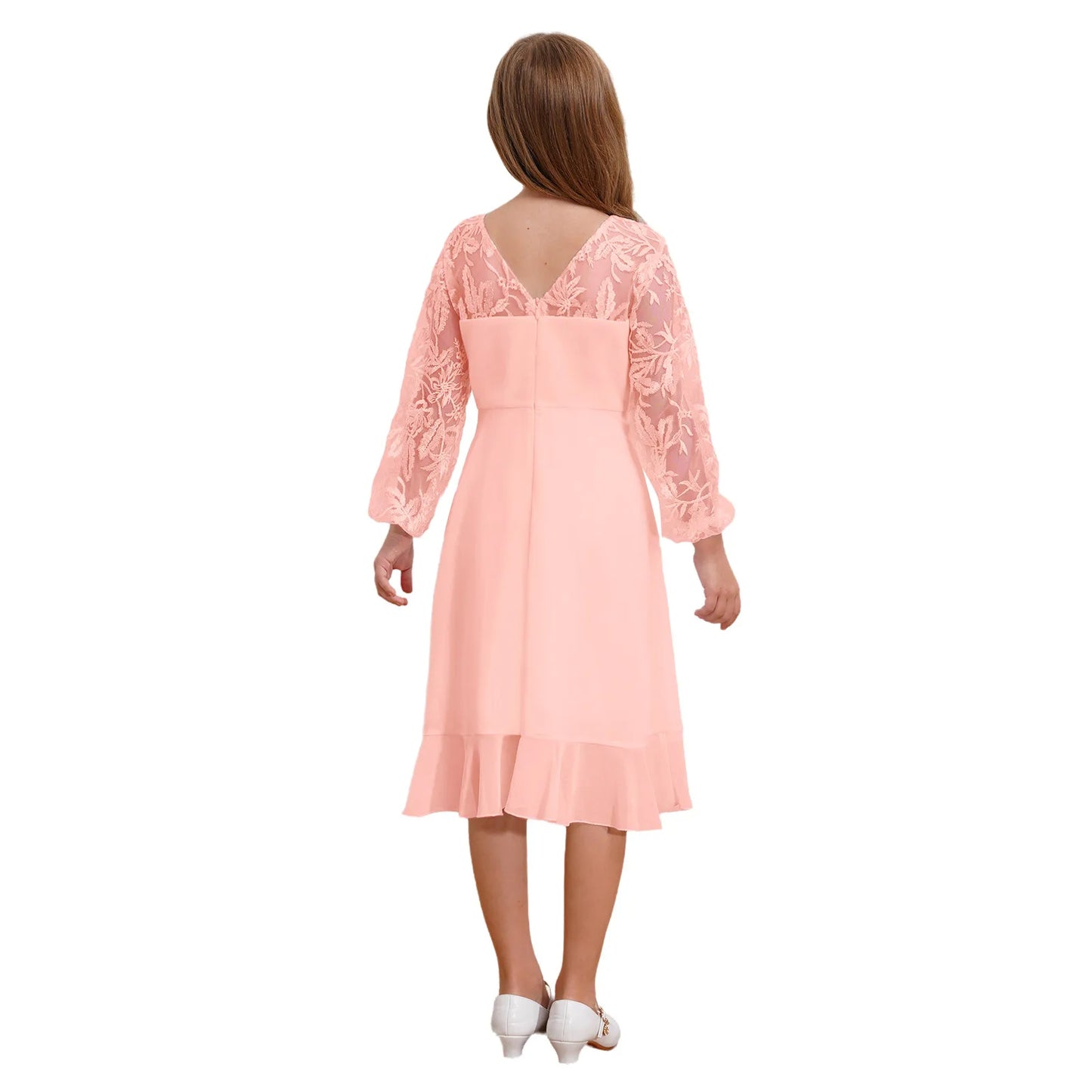 Girls Chiffon Long Sleeve High Waist Mesh Embroidery Dress (Age 8-16 YRS)