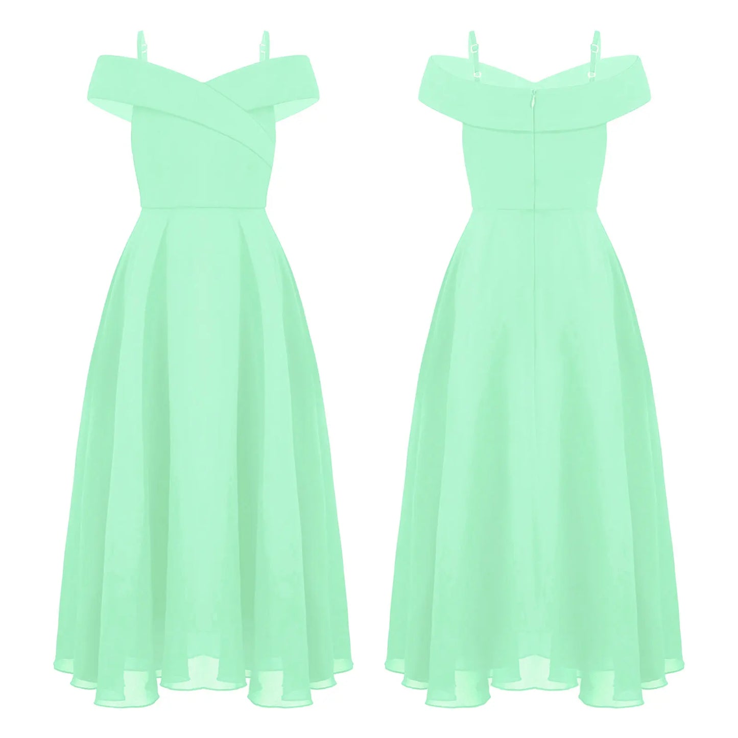 Girls Chiffon Off-the-Shoulder Adjustable A-Line Dress (Age 4-16 YRS) Mint Green