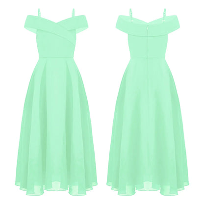 Girls Chiffon Off-the-Shoulder Adjustable A-Line Dress (Age 4-16 YRS) Mint Green