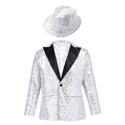 Boys Sequin Dance Tuxedo Jacket Suit & Fedora Hat (Age 6-16 YRS)