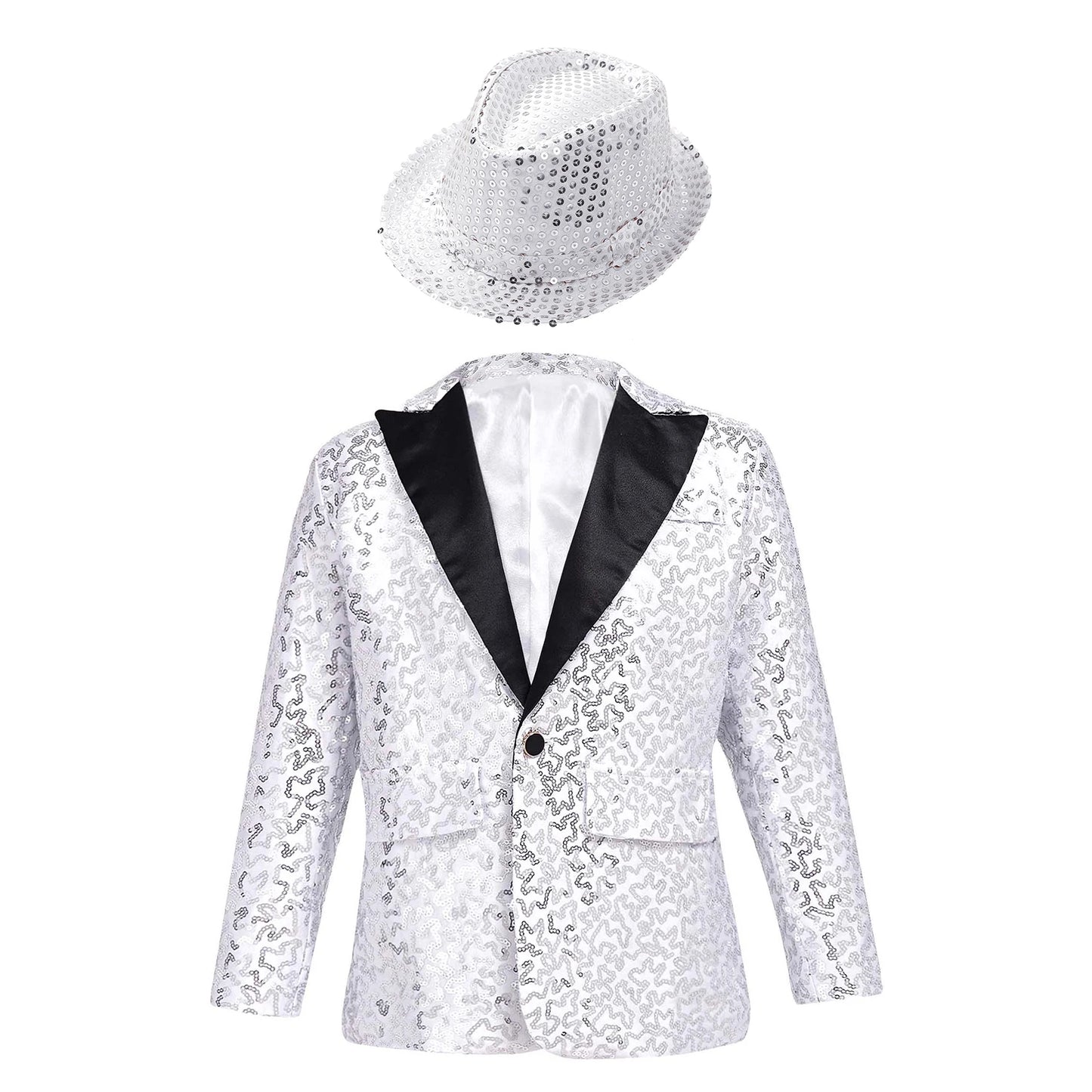 Boys Sequin Dance Tuxedo Jacket Suit & Fedora Hat (Age 6-16 YRS)