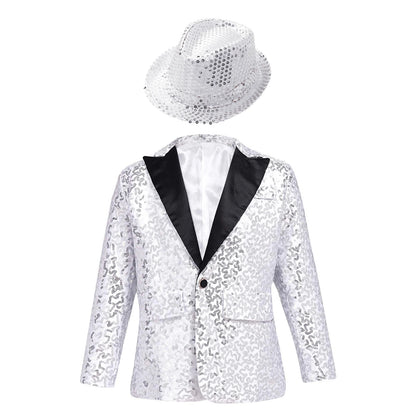Boys Sequin Dance Tuxedo Jacket Suit & Fedora Hat (Age 6-16 YRS)