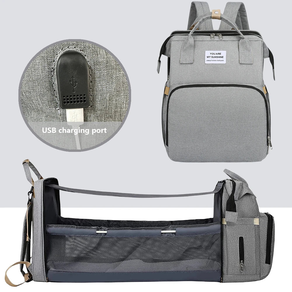 Multi-Functional Baby Diaper Bag Travel Crib Grey
