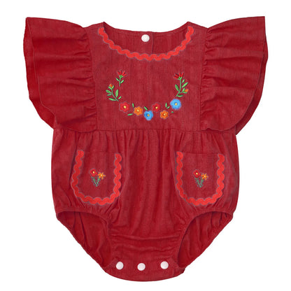 Baby Girls Mexican Embroidered Ruffled Sleeves Romper (Age Newborn-24M) Burgundy