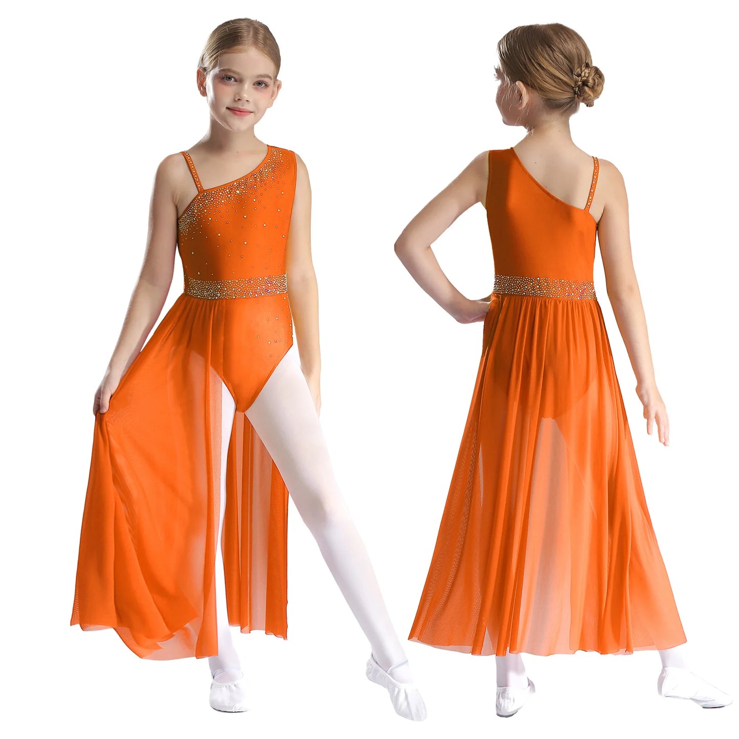 Girls Dance Costume Ballet Rhinestones Sleeveless Sheer Mesh Leotard Dress (Age 6-16 YRS) Orange