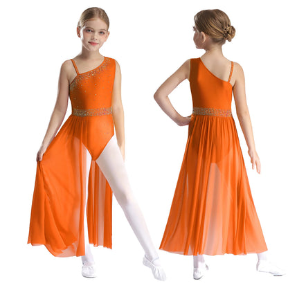 Girls Dance Costume Ballet Rhinestones Sleeveless Sheer Mesh Leotard Dress (Age 6-16 YRS) Orange