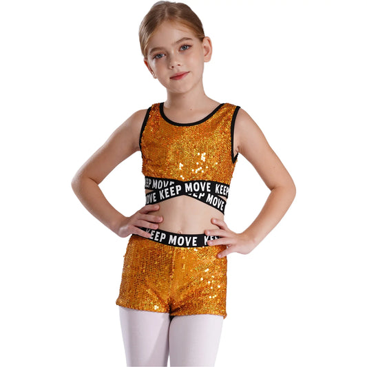 Girls Sequin Dance Top & Shorts Set (Age 4-16YRS)