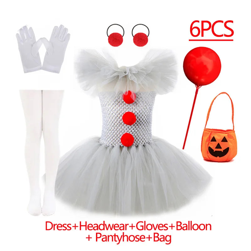 Girls Gray Joker Tutu Costume – Handmade Mesh Dress for Halloween & Cosplay | Ages 2–12Y 6PCS Gray Joker