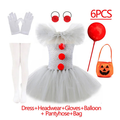Girls Gray Joker Tutu Costume – Handmade Mesh Dress for Halloween & Cosplay | Ages 2–12Y 6PCS Gray Joker