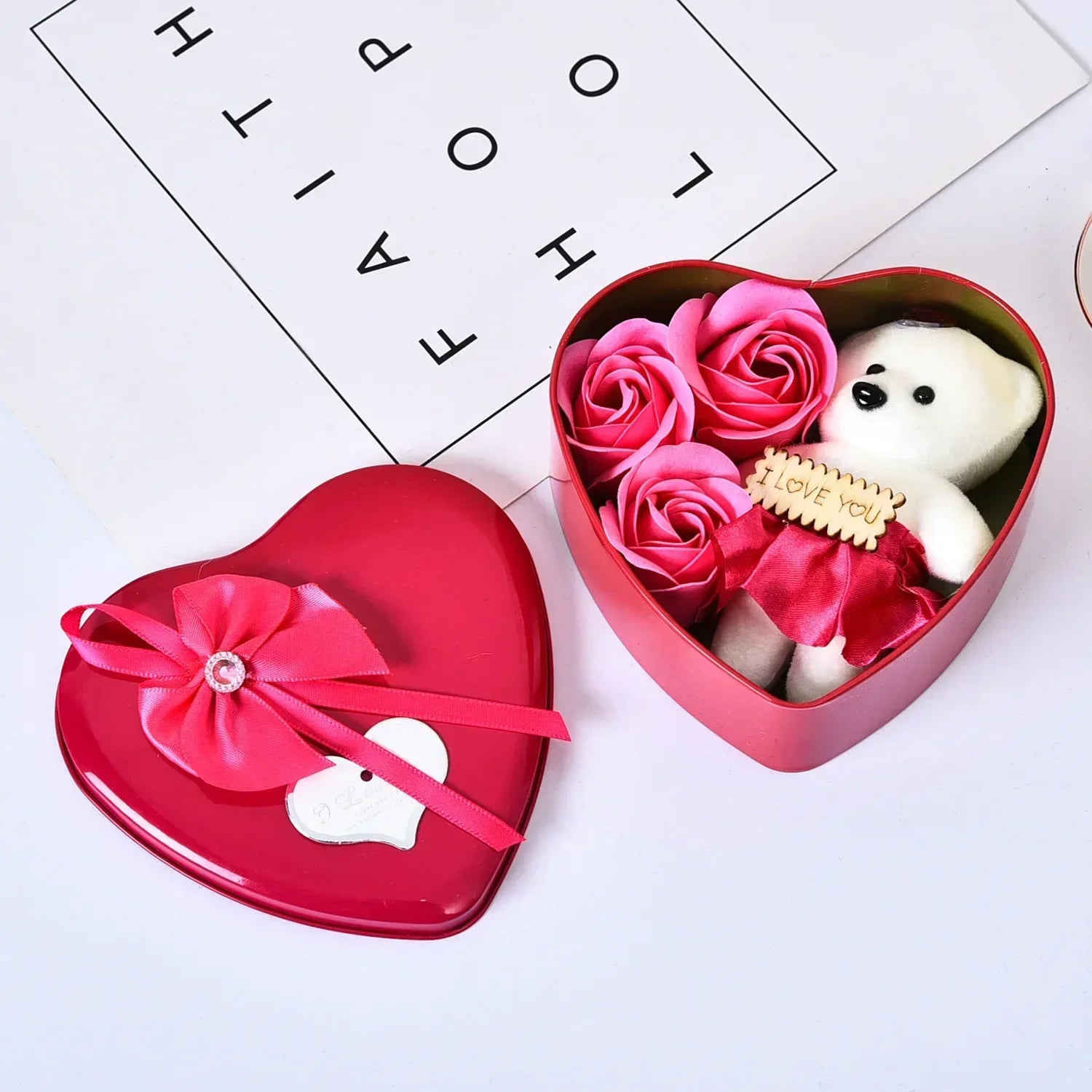 Heart Shaped Soap Flower Teddy Bear Gift Box - Valentines Gift Rose Red