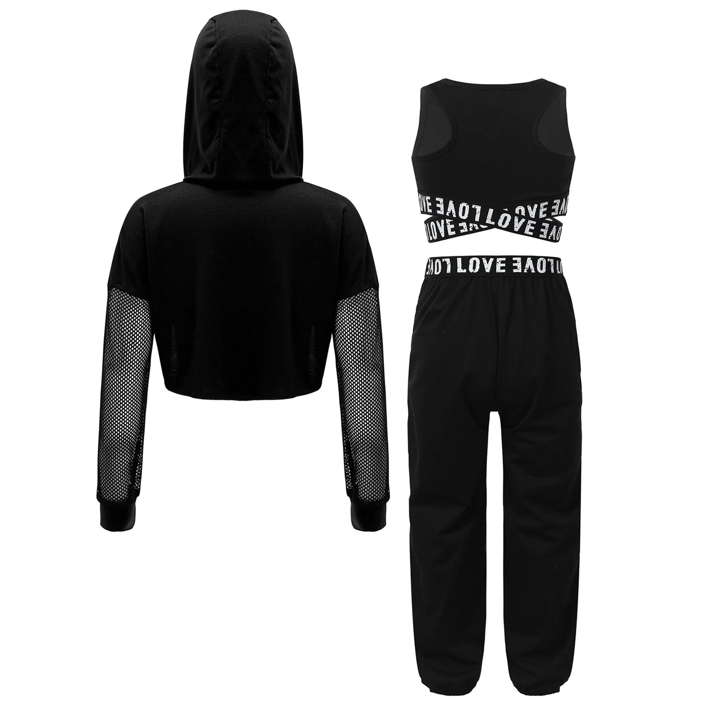 Girls Hip Hop Long Sleeve Drawstring Hooded Tops with Crop Top Pants Tracksuit (Age 6-14YRS)