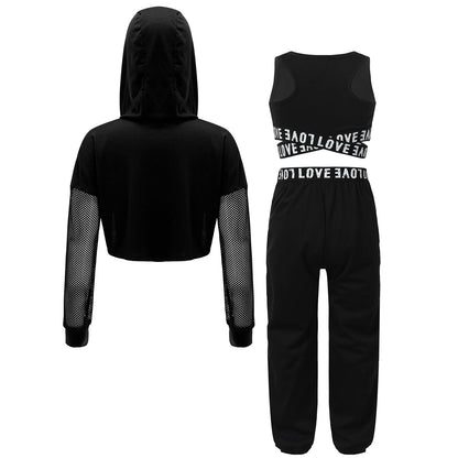 Girls Hip Hop Long Sleeve Drawstring Hooded Tops with Crop Top Pants Tracksuit (Age 6-14YRS)