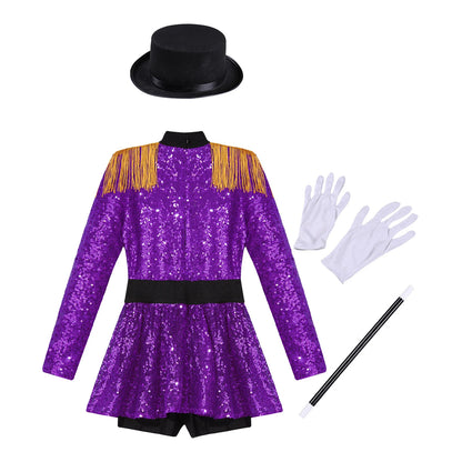 Girls Halloween Circus Ringmaster Costume Long Sleeve Sequin Leotard Dress (Age 6-14YRS)