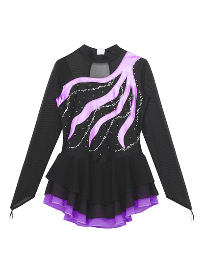Girls Rhinestone Figure Skating Leotard Dress (Age 6-16 YRS)