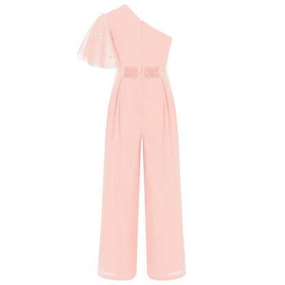 Girls One Shoulder PearlSequin Ruffled Wide Leg Jumpsuit (Age 6-14YRS)