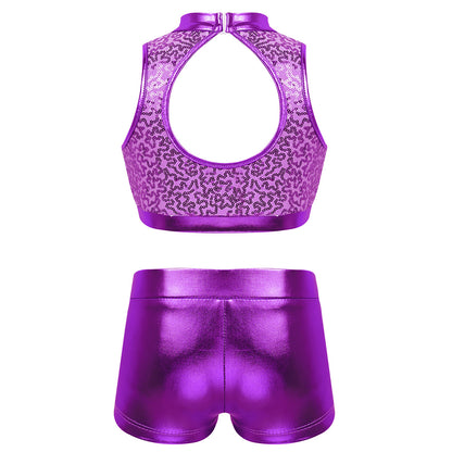 Girls Dance Costume Sequin Crop Top & Shorts Set (Age 6-12 YRS)