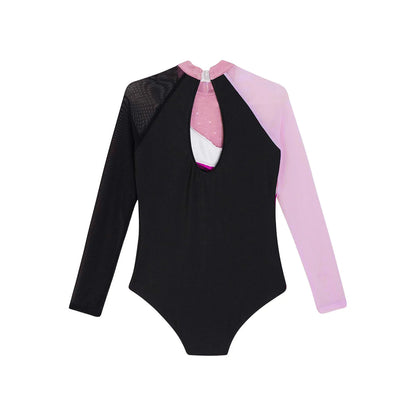 Girls Ballet Dance Leotard Gymnastics Rhinestones Sheer Mesh Long Sleeve (Age 4-16 YRS)