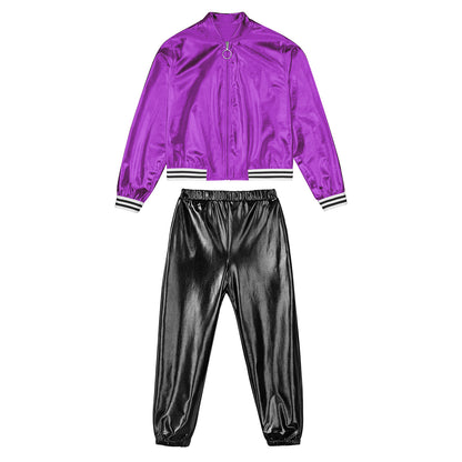 Girls Metallic Long Sleeves Bomber Jacket Coat & Pants Set (Age 6-16YRS)