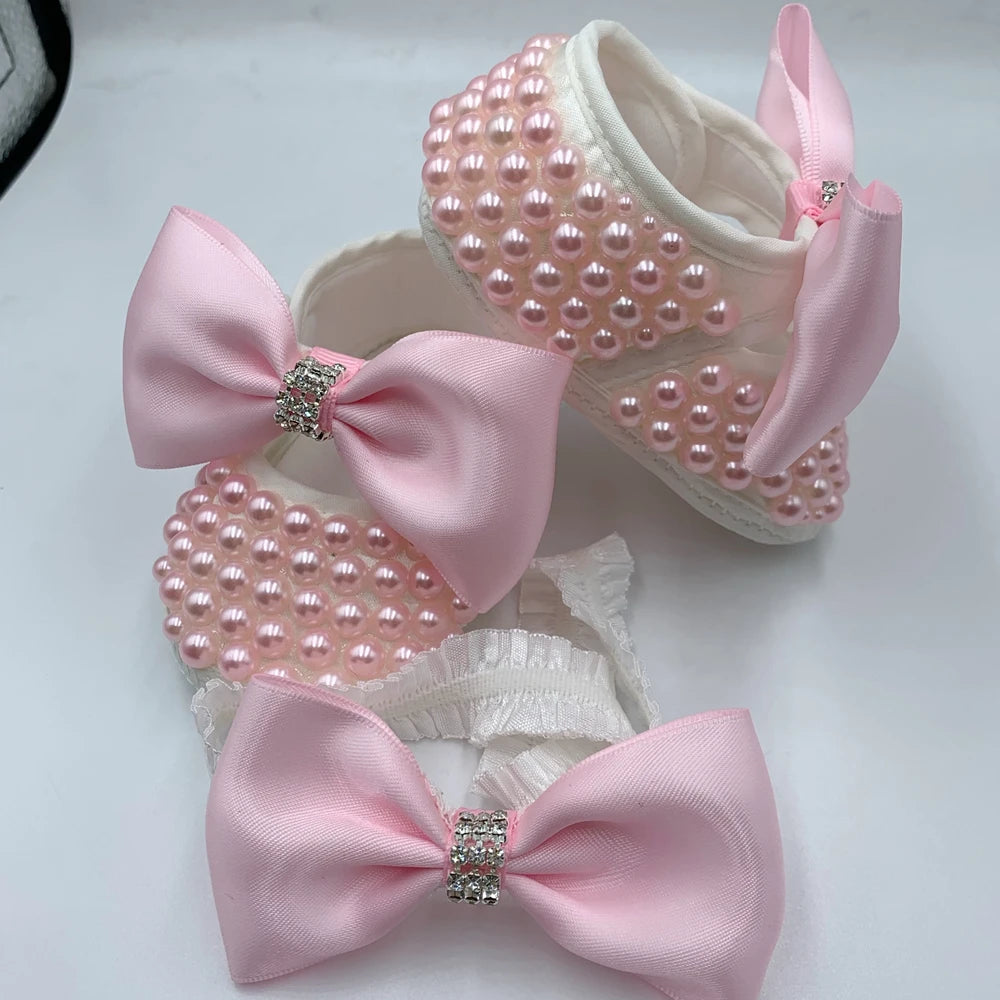 Baby Girls Pearl Embellished Shoes & Headband (Age Newborn - 6M) Pink 0-6M (10-11cm)