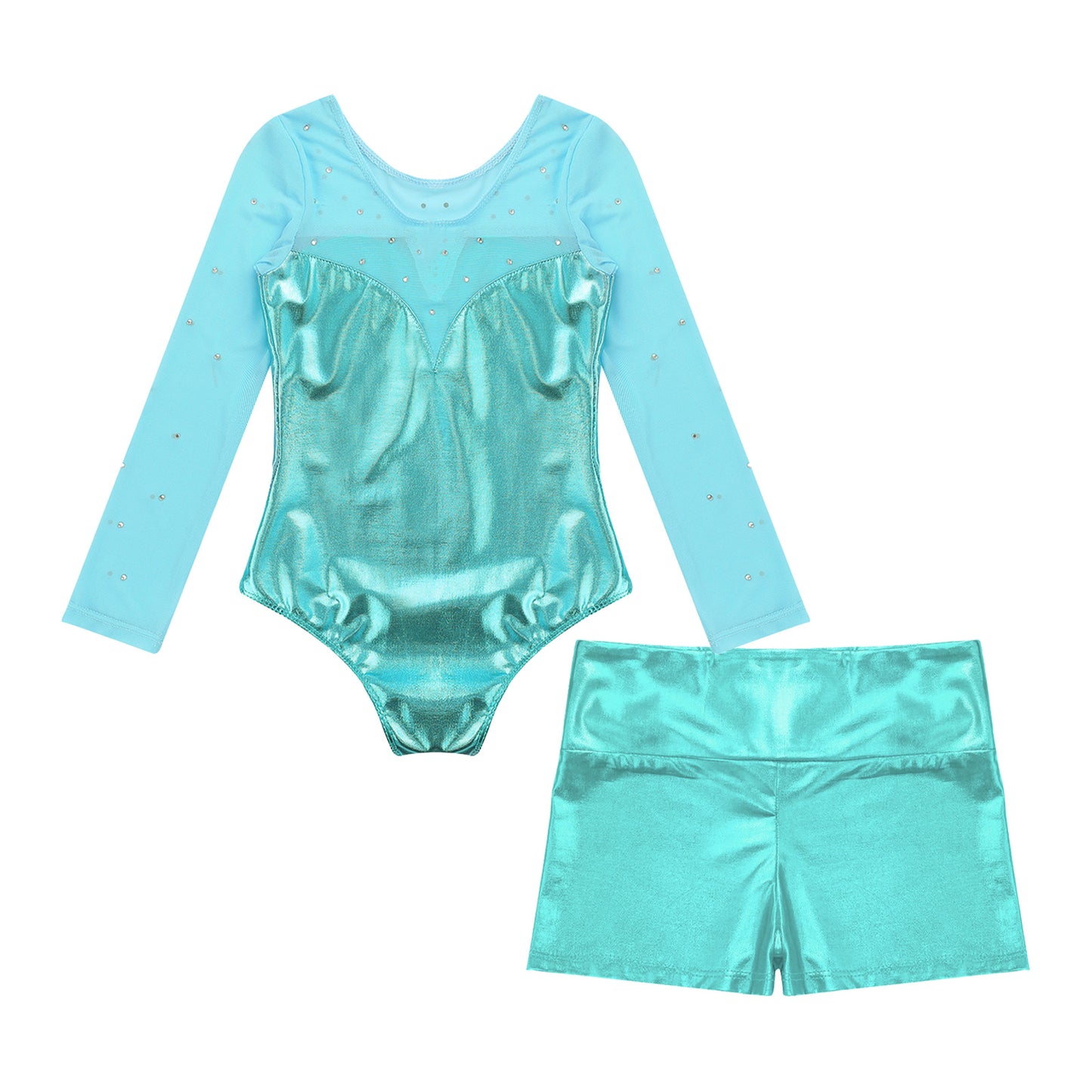 Girls Sparkly Rhinestone Ballet Dance Gymnastics Leotard & Shorts (Age 4-12 YRS)