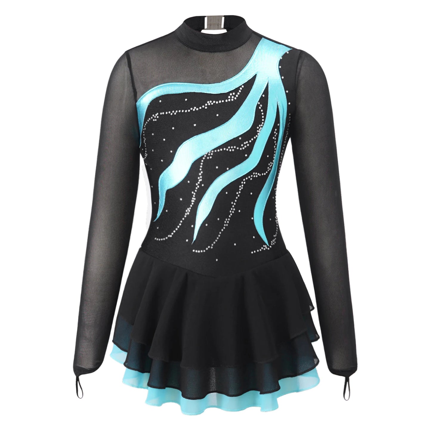 Girls Rhinestone Figure Skating Leotard Dress (Age 6-16 YRS) Lake Green