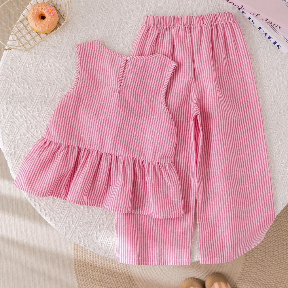 Girls' Suits Pink Stripe Bow Sleeveless Vest Top & Trousers Set (Age 3-7 YRS)