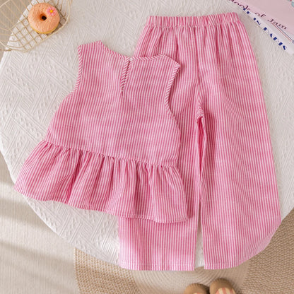 Girls' Suits Pink Stripe Bow Sleeveless Vest Top & Trousers Set (Age 3-7 YRS)