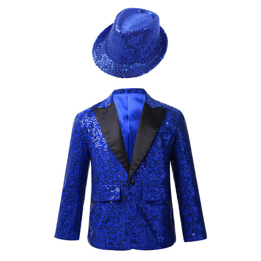 Boys Sequin Dance Tuxedo Jacket Suit & Fedora Hat (Age 6-16 YRS)