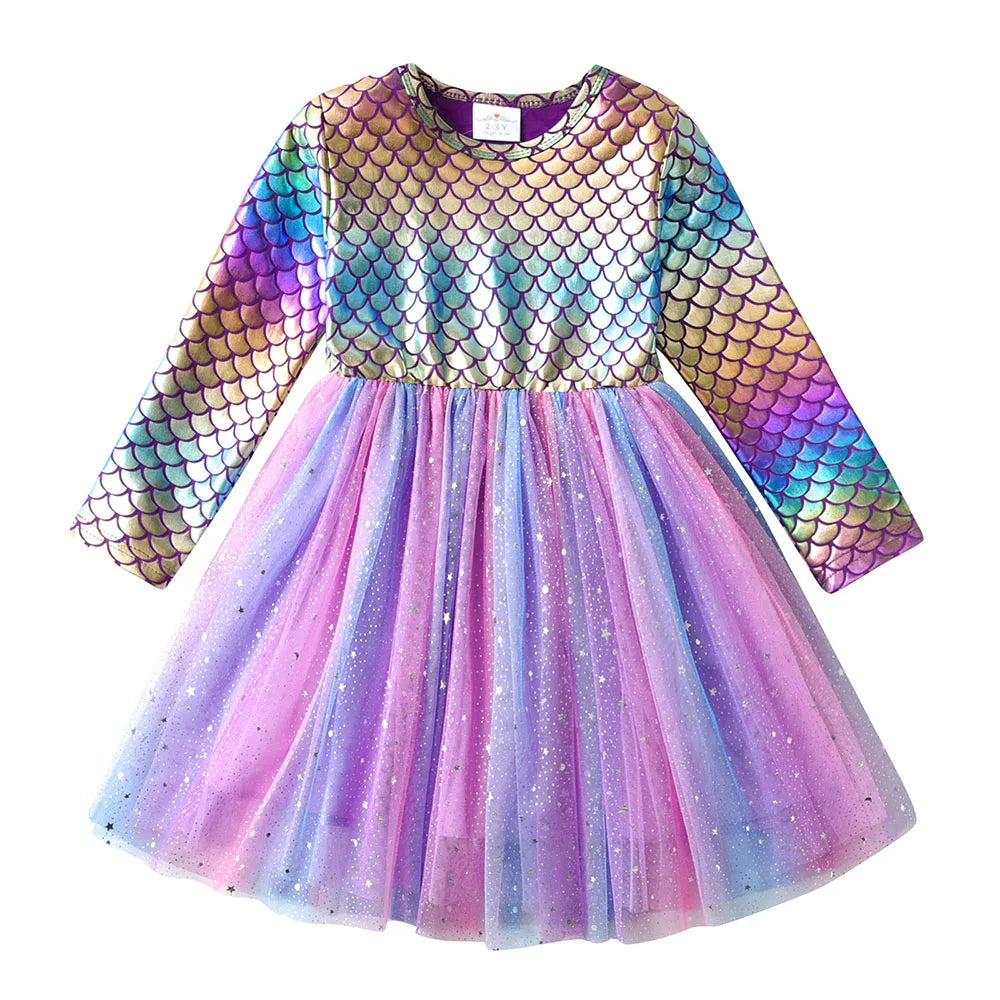 Girls Mermaid Print Long Sleeve Tulle Dress (Age 3-8YRS)