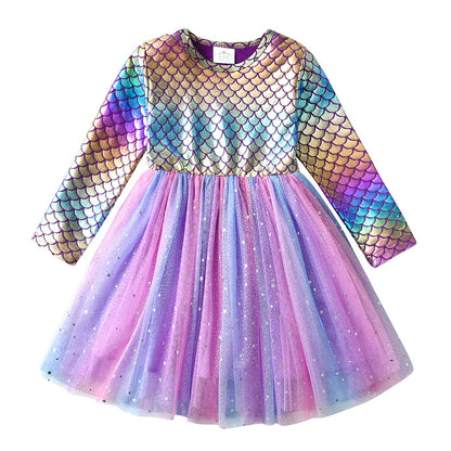 Girls Mermaid Print Long Sleeve Tulle Dress (Age 3-8YRS)