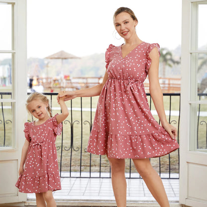 Mother & Daughter Matching Pink Cross Wrap V Neck Dress (Mommy & Me)