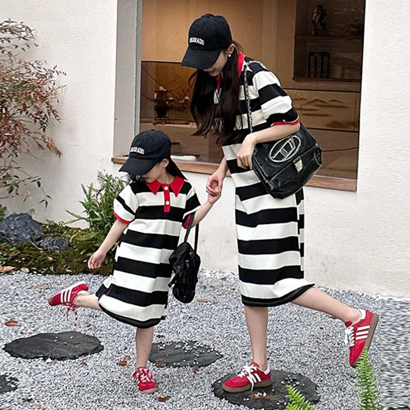 Mother & Daughter Black & White Stripe Mini Dress