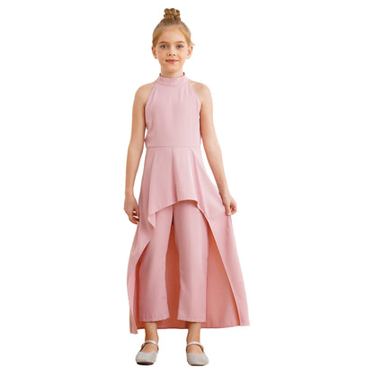 Girls Elegant Sleeveless High-Low Skirted Jumpsuit (Age 6-16YRS)