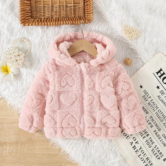 Baby Girl Pink Fleece Heart Pattern Hooded Jacket (Age 6M-3 YRS)