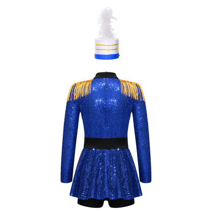 Girls Halloween Circus Ringmaster Costume Long Sleeve Sequin Leotard Dress (Age 6-14YRS)